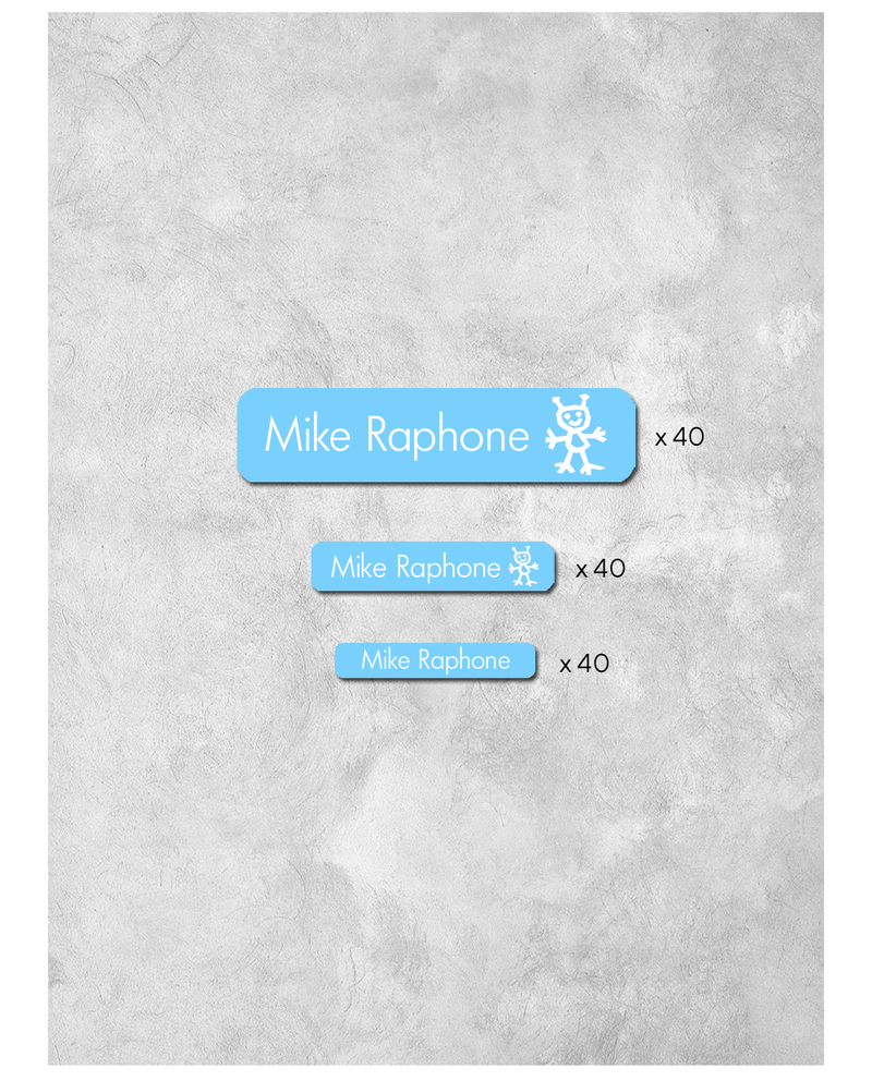 Mix of blue labels for school on a neutral background