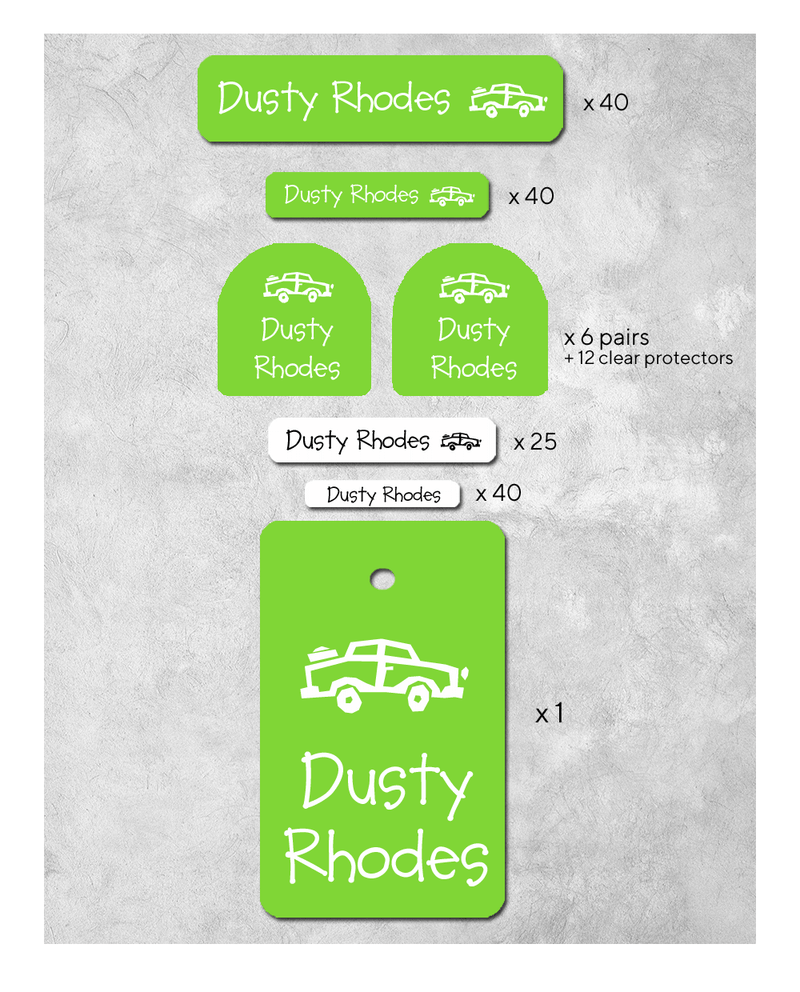 Mix of lime green labels for preschool on a neutral background