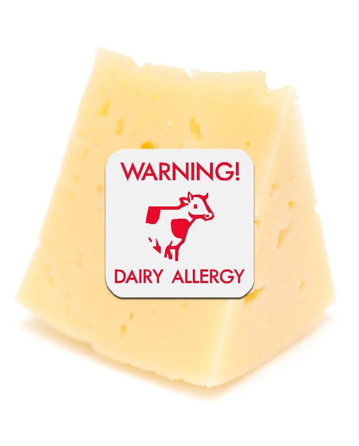 Wedge of cheese with dairy allergy sticker