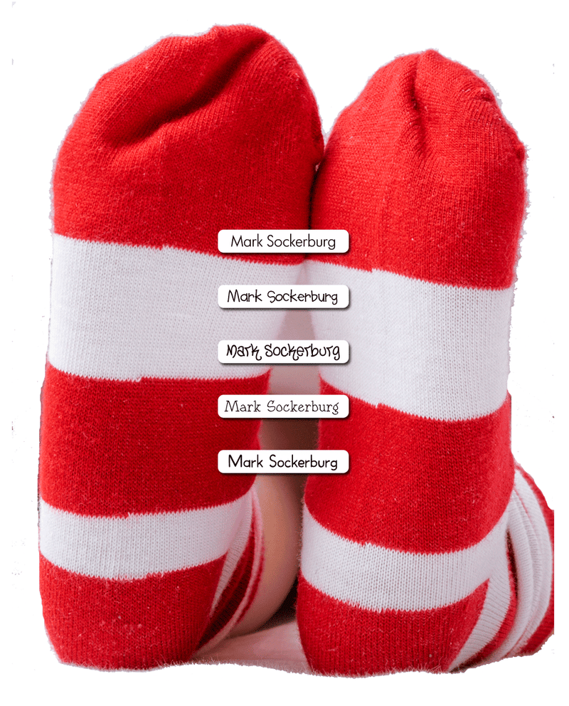 Red and white striped socks with iron-on name labels